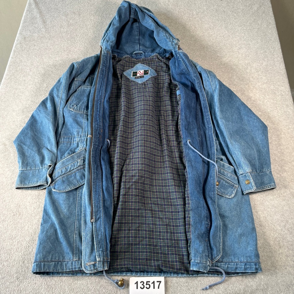 Andy Johns Denim Parka Women Large Blue Good Plaid Lined Hooded Vintage Jacket